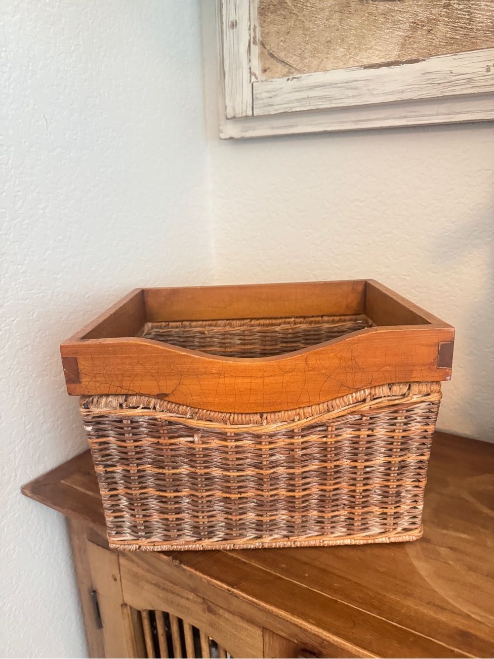 Rustic Woven Basket with Wooden Frame 11"x9"x7.5" Vintage Charm for Home
